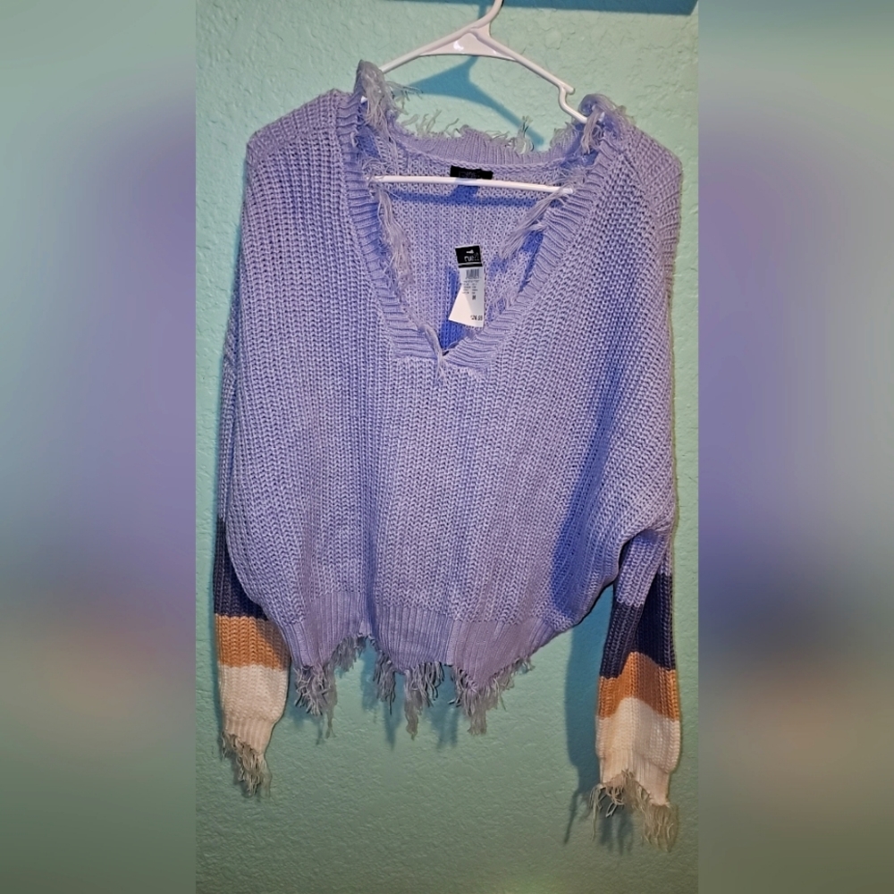 Purple cropped off shoulder crew sweater